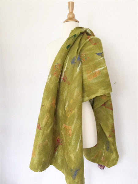 Chartreuse Nuno Felted Merino Wool-Sari Silk "Wrap-Stole" - One-of-a-Kind Wearable Art