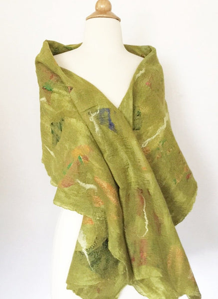 Chartreuse Nuno Felted Merino Wool-Sari Silk "Wrap-Stole" - One-of-a-Kind Wearable Art
