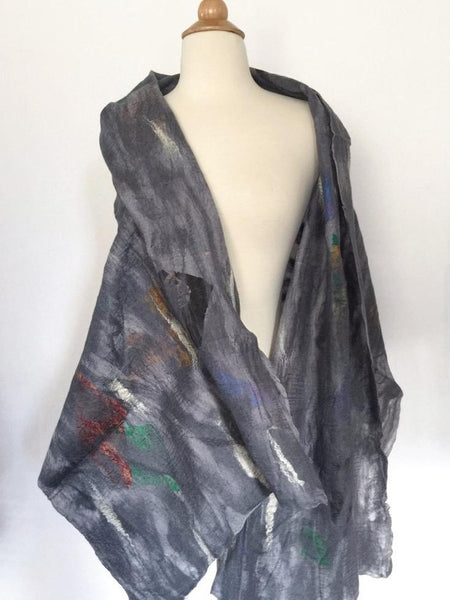 Dove Gray Nuno Felted Merino Wool-Sari Silk "Shawl-Stole"|One-of-a-Kind Wearable Art