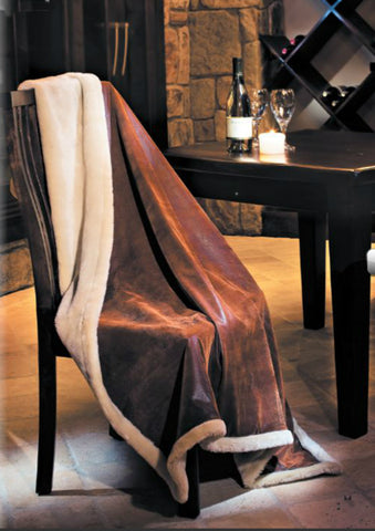 Vintage Brown Faux Leather Throw Blanket w/Pearl Faux Fur|Decorating Option