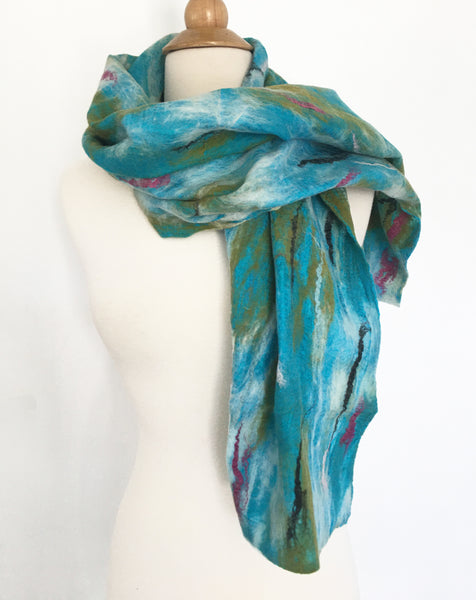 Abstract Paint II Nuno Felted Merino Wool-Sari Silk Scarf|One-of-a-Kind Wearable Art