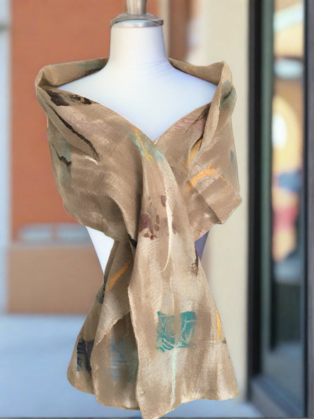 Champagne Nuno Felted Wool-Sari Silk "Shawl-Stole"|One-of-a-Kind Wearable Art