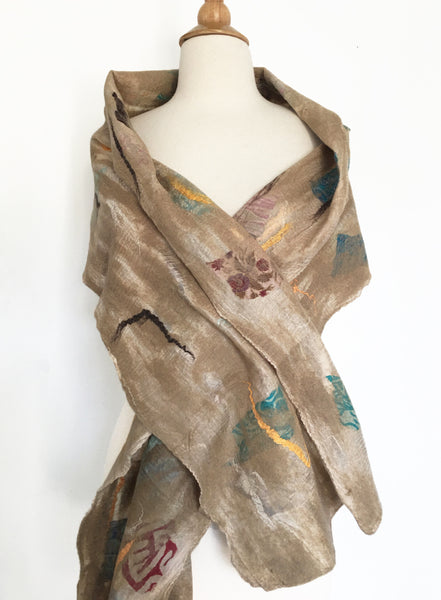 Champagne Nuno Felted Merino Wool-Sari Silk Scarf|One-of-a-Kind Wearable Art