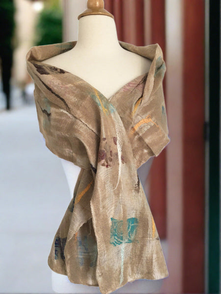 Champagne Nuno Felted Merino Wool-Sari Silk Scarf|One-of-a-Kind Wearable Art