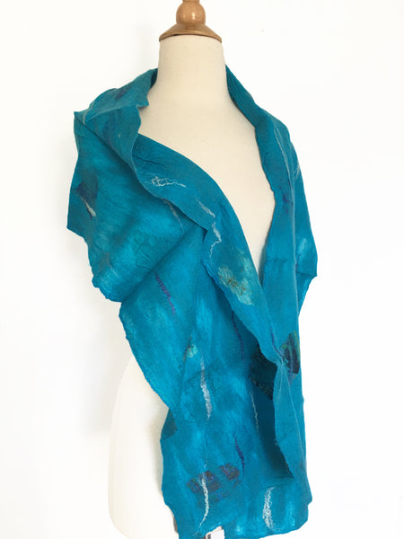 Turquoise Nuno Felted Merino Wool-Sari Silk Scarf|One-of-a-Kind Wearable Art