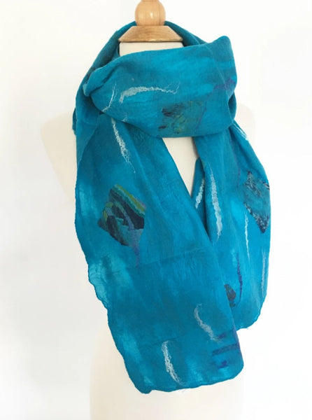 Turquoise Nuno Felted Merino Wool-Sari Silk Scarf|One-of-a-Kind Wearable Art