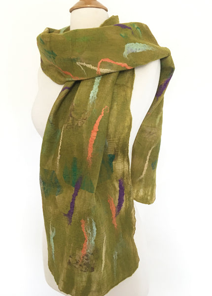 Chartreuse Nuno Felted Merino Wool-Sari Silk Scarf|One-of-a-Kind Wearable Art