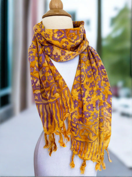 Handmade Batik Rayon Fringe Scarf - Gold-Purple