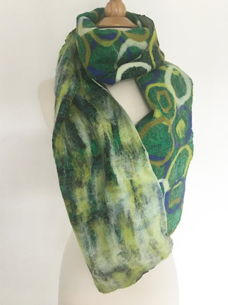 Green Felted Sari Circle Scarf|One-of-a-Kind Wearable Art