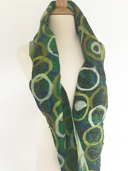 Green Felted Sari Circle Scarf|One-of-a-Kind Wearable Art