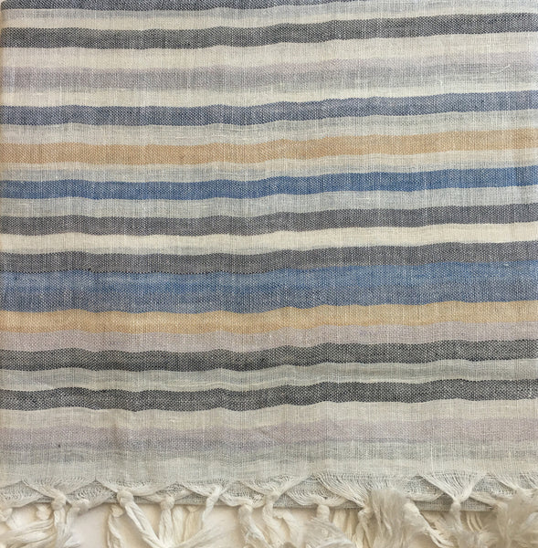 Linen Striped Stole w/Fringe - Multi Blue