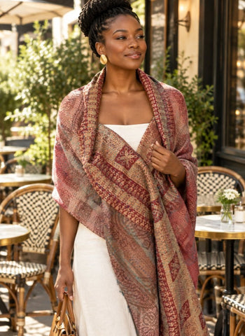 Kantha Silk Reversible Scarf-Stole - Rose/Tan
