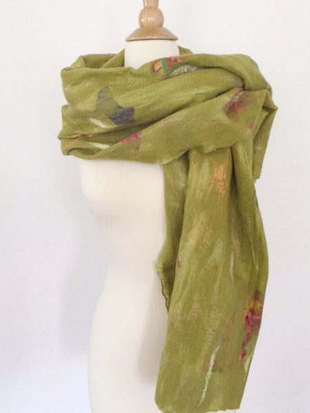 Chartreuse Nuno Felted Merino Wool-Sari Silk "Wrap-Stole" - One-of-a-Kind Wearable Art