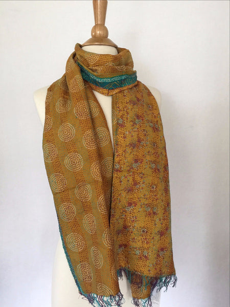 Kantha Silk Reversible Scarf-Stole  - Gold/Red/Turquoise