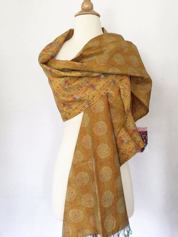 Kantha Silk Reversible Scarf-Stole  - Gold/Red/Turquoise