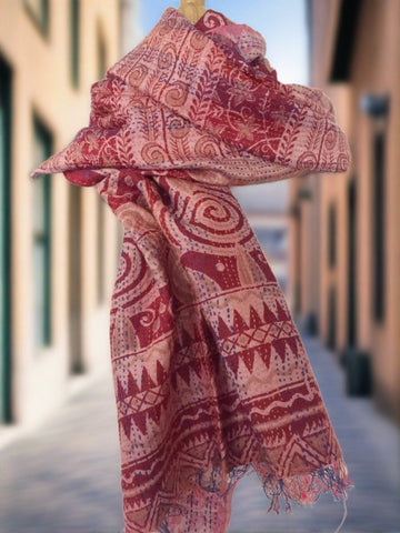Kantha Silk Reversible Stole-Scarf  - Red/Mauve
