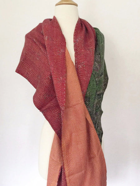 Kantha Silk Reversible Scarf-Stole  - Red/Orange/Green