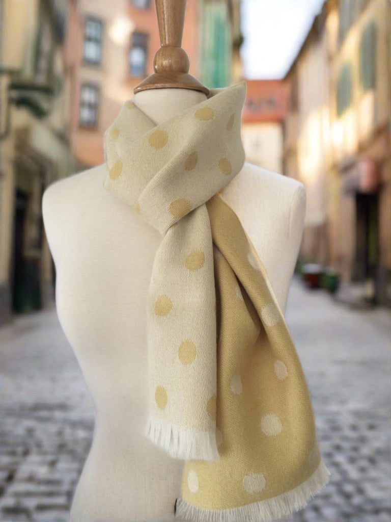 Lemon Zest Polka Dots 100% Baby Alpaca Fringe Scarf Reversible Lemon Zest Polka Dots 100% Baby Alpaca Fringe Scarf Reversible