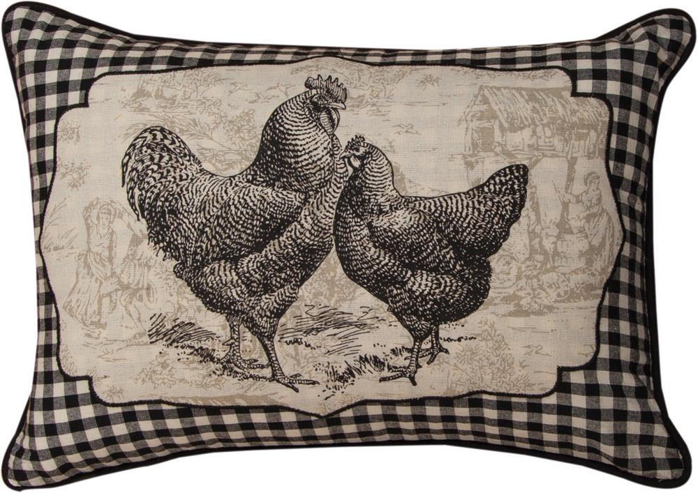 Hen and Rooster Check Embroidered Rectangle Accent Pillow