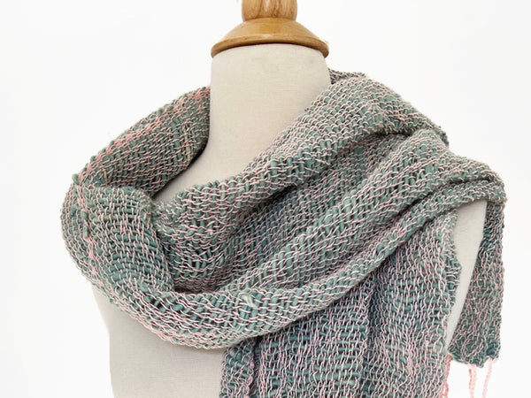 Handwoven Open Weave Cotton Scarf - Jade-Gray/Pink