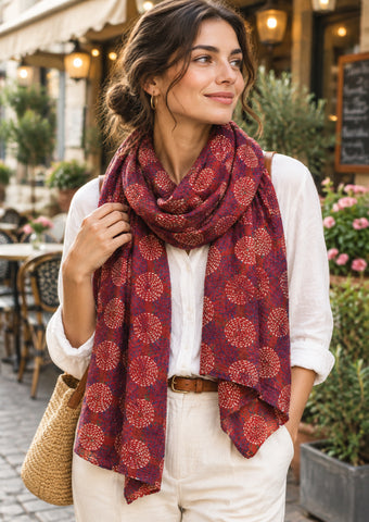 Kantha Silk Reversible Scarf-Stole - Red-Orange Circles