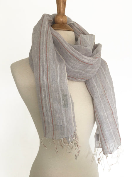 Linen Striped Stole w/Fringe - Light Gray-Taupe