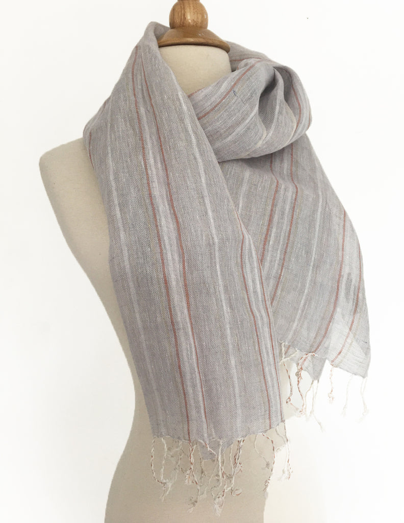 Linen Striped Stole w/Fringe - Light Gray-Taupe
