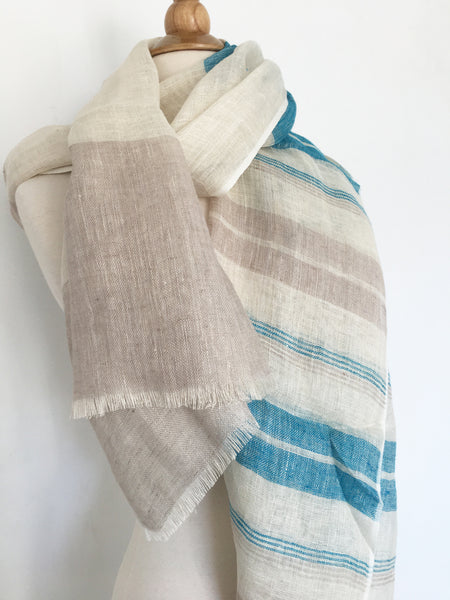 Linen Striped Stole - Turquoise/Ivory/Tan