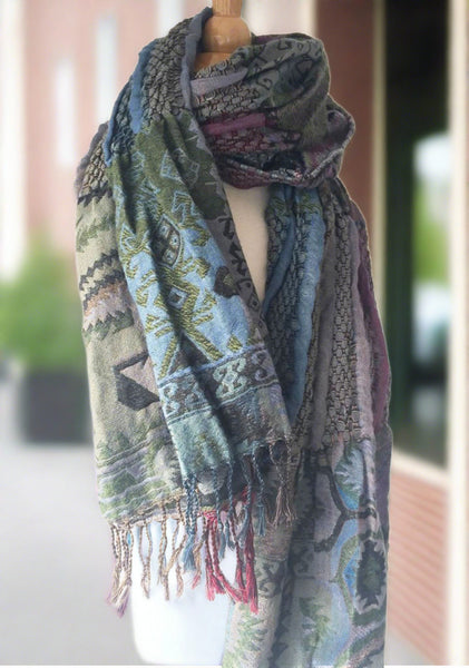 Woven Reversible Ruffled Scarf/Shawl - Native Pine