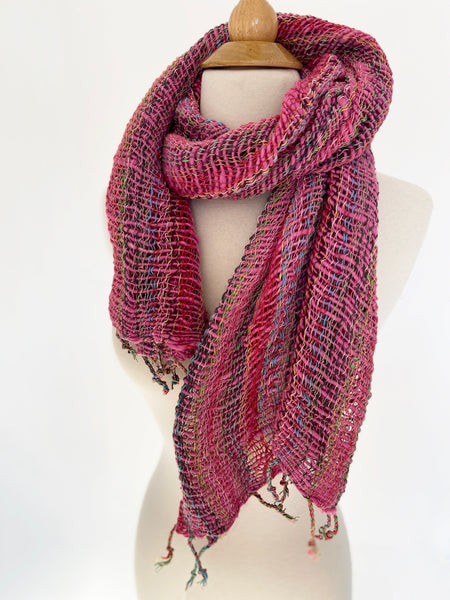 Handwoven Open Weave Cotton Scarf - Multi Pink-Gray