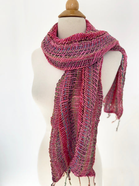 Handwoven Open Weave Cotton Scarf - Multi Pink-Gray