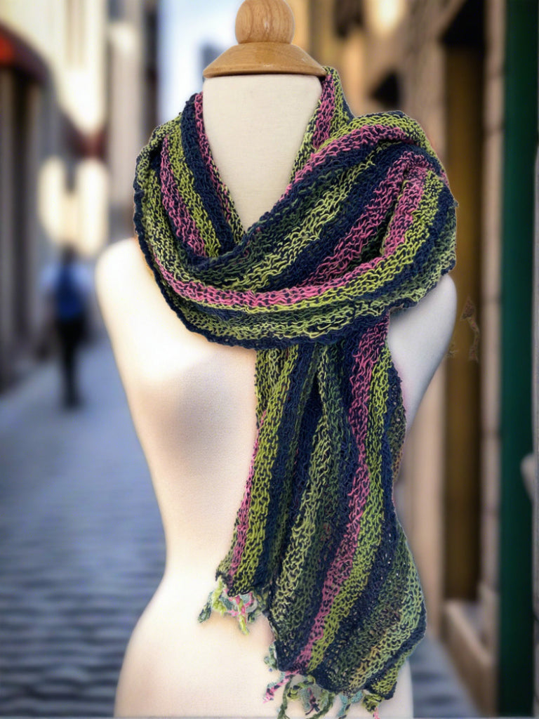 Handwoven Open Weave Cotton Scarf - Navy-Magenta-Lime