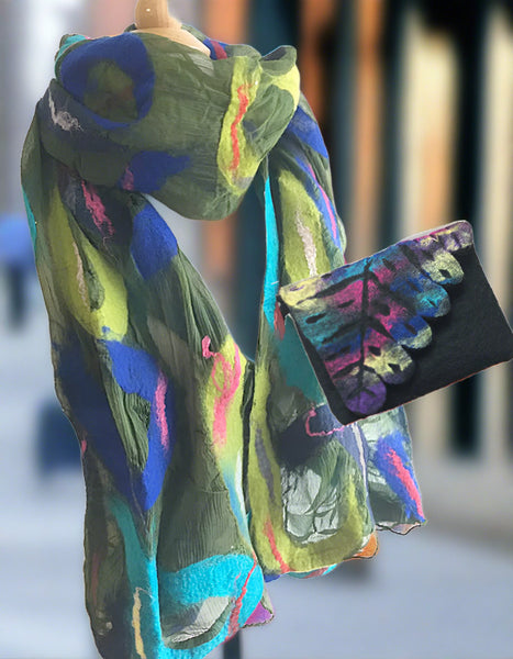 Paisley Blue Green Nuno Felted Wool-Silk Scarf|One-of-a-Kind Wearable Art