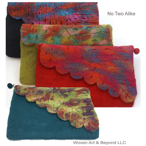 Nuno Felted Wool Leaf Clutch Bag One-Of-A-Kind Handmade|Teal, Black, Red, Chartreuse