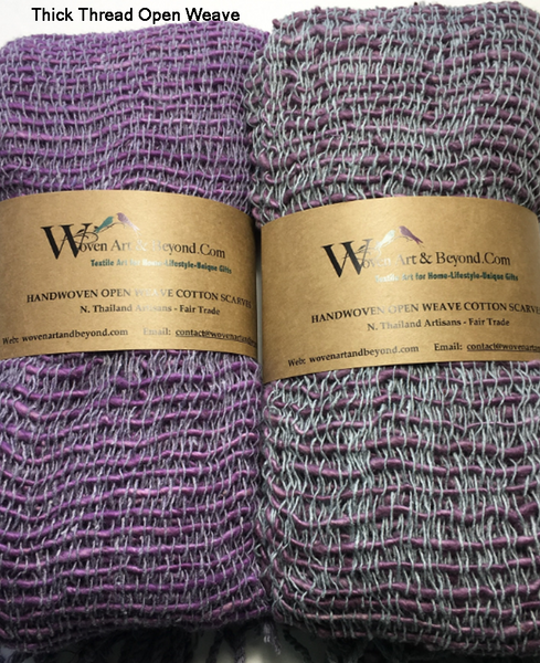 Handwoven Open Weave Cotton Scarf - Grey/Eggplant