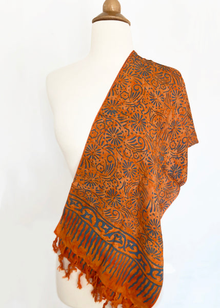 Handmade Batik Rayon Fringe Scarf - Orange-Blue