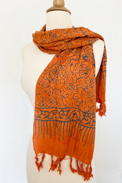 Handmade Batik Rayon Fringe Scarf - Orange-Blue Gray