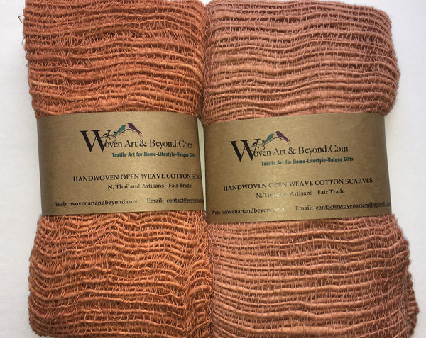 Handwoven Open Weave Cotton Scarf - Peach Bloom