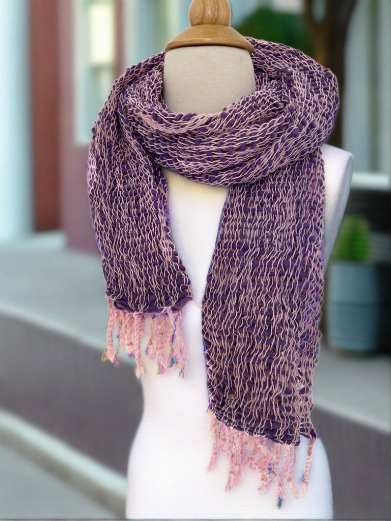 Handwoven Open Weave Cotton Scarf - Purple-Pink