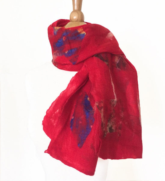 Red Felted Sari Collage Wool-Silk Scarf - One-of-a-Kind - 
 - 1