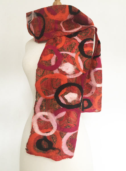 Red Felted Sari Circle Scarf|One-of-a-Kind Wearable Art