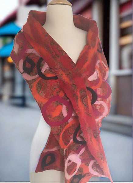 Red Felted Sari Circle Scarf|One-of-a-Kind Wearable Art
