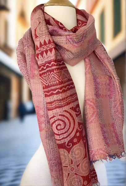 Kantha Silk Reversible Stole-Scarf  - Red/Mauve
