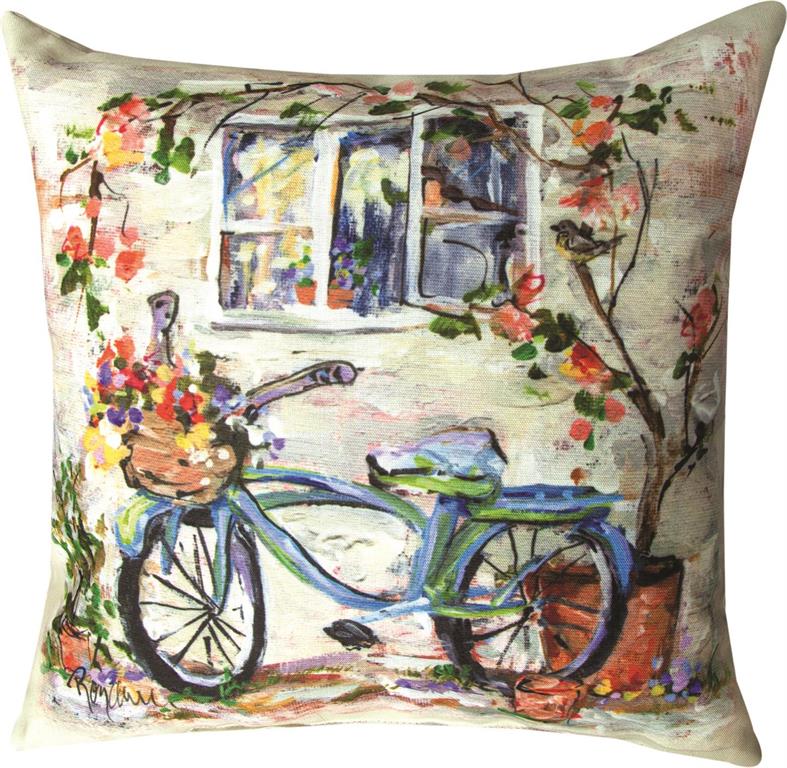 Blue Bike Under Window Indoor-Outdoor Pillow by Rozanne Priebe©