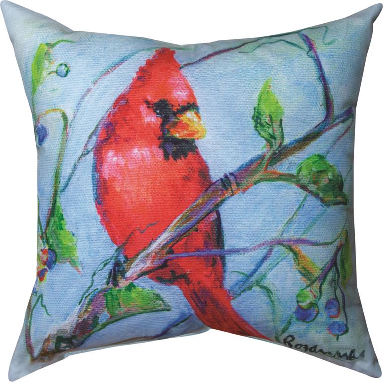 Spring Cardinal w/Blueberries Indoor/Outdoor Pillow by Rozanne Priebe©