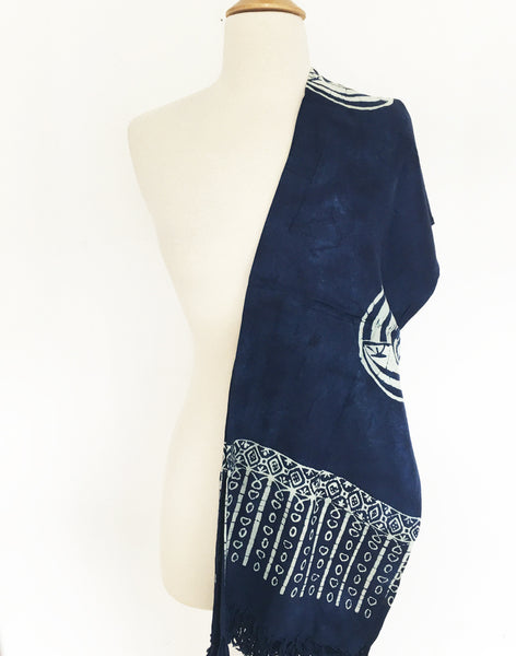 Midnight Blue Batik Rayon Sarong with Fringed Ends