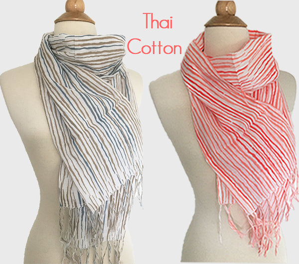 Striped Lightweight Thai Cotton Scarf - Tan-Blue Grey Stripes on White