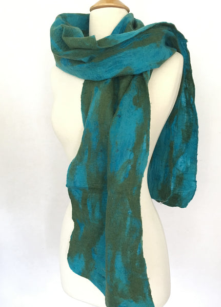 Turquoise-Green Nuno Felted Merino Wool-Silk Sari Scarf|One-of-a-Kind Wearable Art