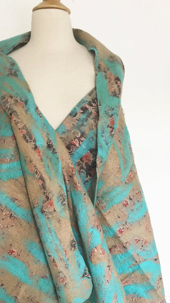 Turquoise-Sand Nuno Felted Wool-Sari Silk "Shawl-Stole"|One-of-a-Kind Wearable Art