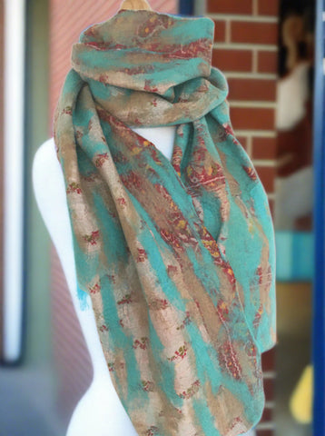 Turquoise-Sand Nuno Felted Merino Wool-Silk Sari Scarf - One-of-a-Kind Wearable Art